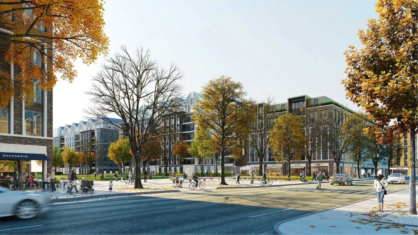 Artist’s impression of new homes and shops along a High Path street in autumn